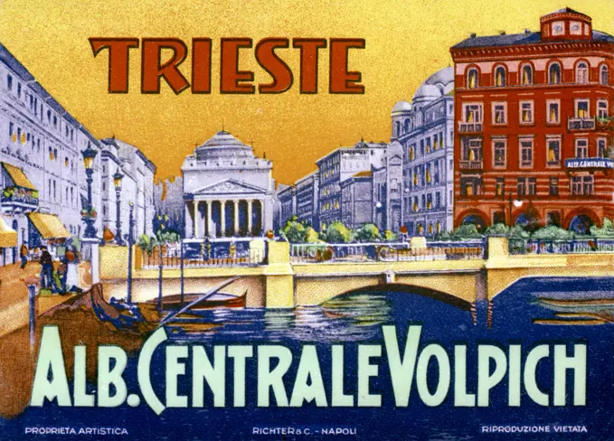 Art Nouveau Italian advertisement for Trieste. Alb. Centrale Volpich.  1900s
