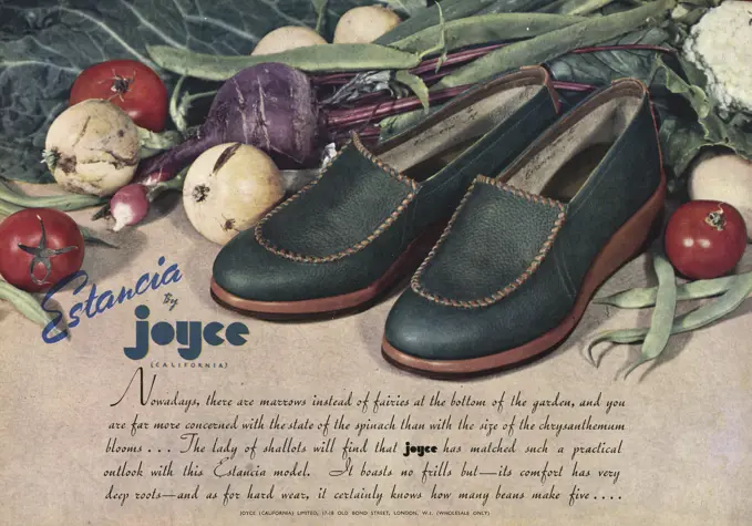 Green slip on shoes, with braiding edge.     Date: 1943