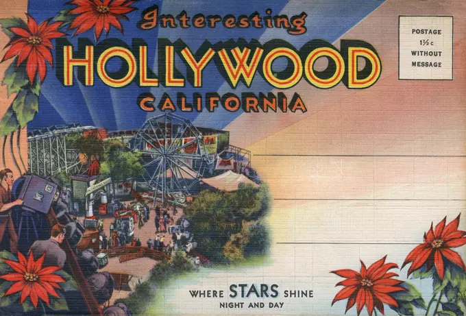 Interesting Hollywood, California, where stars shine night and day.  Cover design of a set of postcards depicting Hollywood locations.   20th century