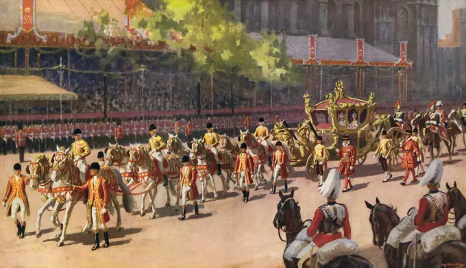 The State Coach, carrying King George VI and Queen Elizabeth to in from their Coronation at Westminster Abbey on 12 May 1937, pictured in procession outside the Abbey.  The coach was built for King George III who drove in it to open Parliament in 1762 and has been used for every coronation since that of George IV.       Date: 1937