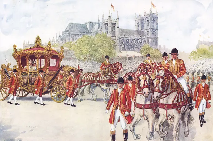 The Coronation Coach carrying King George VI and Queen Elizabeth turns on to the Embankment with Westminster Abbey in the background: an impression of the start of the return journey to Buckingham Palace after the Coronation of 12th May 1937.     Date: 12th May 1937