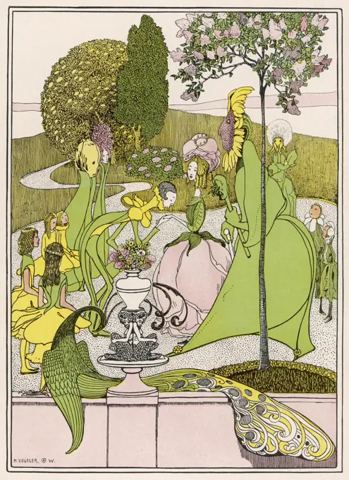  A beautiful garden scene, with  humanised flowers: the Rose,  of course, is Queen.       Date: 1902