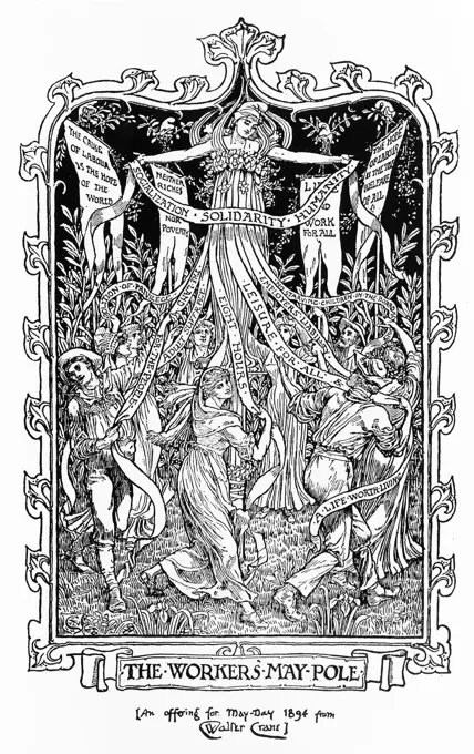The Workers' May-Pole, a design for a socialist poster, with a central allegorical figure, and banners and ribbons labelled with abstract ideas such as Leisure, Solidarity and Humanity.      Date: 1894