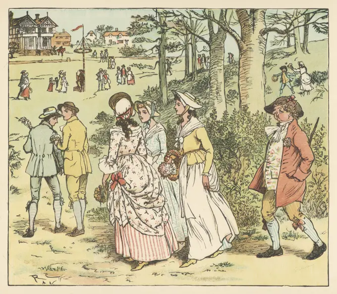 Country lads and lasses make  their way to the maypole         Date: 1884