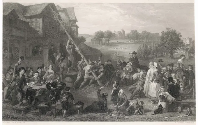 Raising the maypole outside an  English manor house, to the  applause of the assembled  villagers       Date: 17th century
