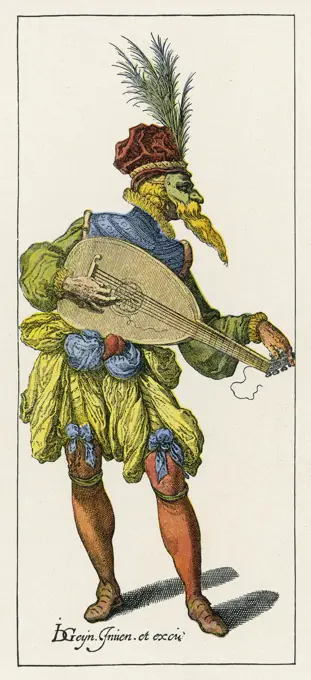  A masked performer  plays the lute        Date: 16th century