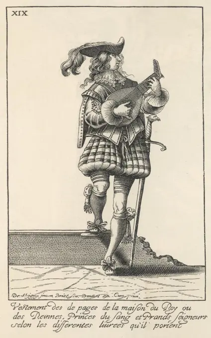 A page from the French royal  court plays the lute, dressed  in the picturesque attire of  the day and armed with a huge  and unwieldy sword.      Date: 1629