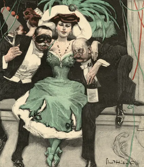 Two older gentlemen, rather  the worse for wear, are  supported by their carnival  guardian angel - a woman in a  green dress and extravagant  hat     Date: 1909