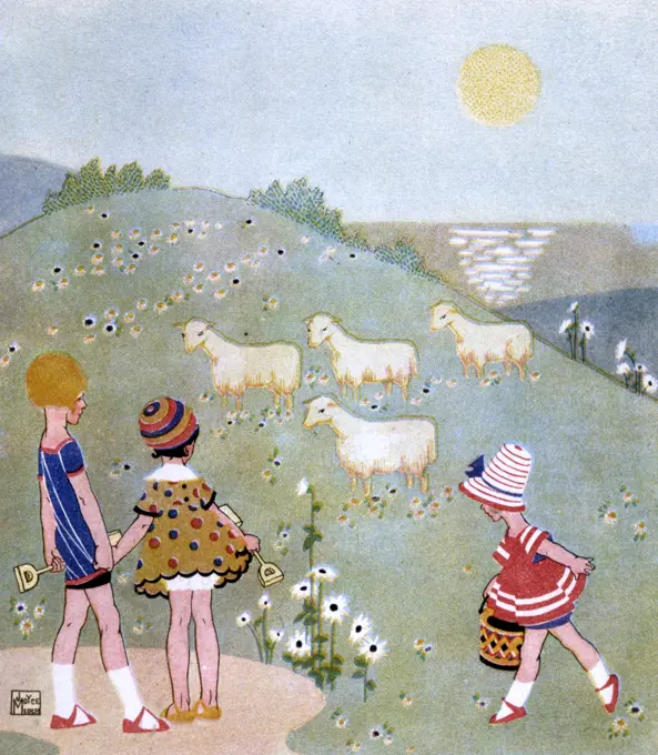  Children in a meadow with spring lambs.        Date: 1890s