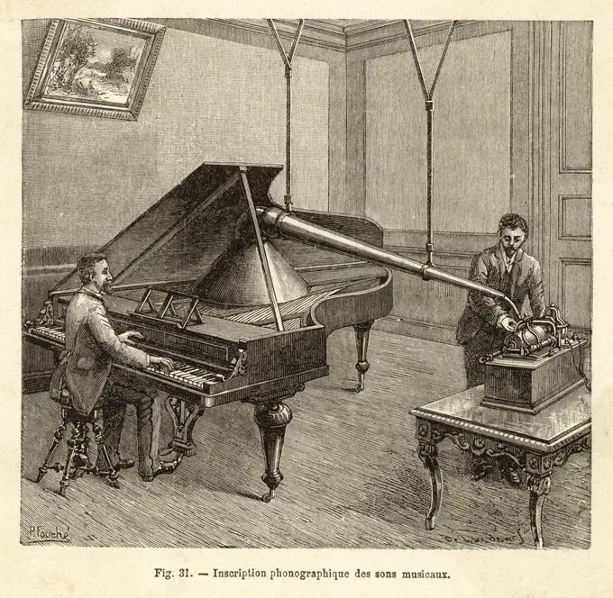 Recording a man playing the  piano using Edison's improved  model phonograph.        Date: 1891