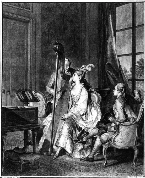 A music teacher instructs a lady pupil, who sits astride a harp and looks up adoringly at him. A lap dog watches the scene with some reservations from a stool underneath the harpsicord. Another seated gentleman looks on-is he about to draw the remainder of the curtain     Date: 18th century