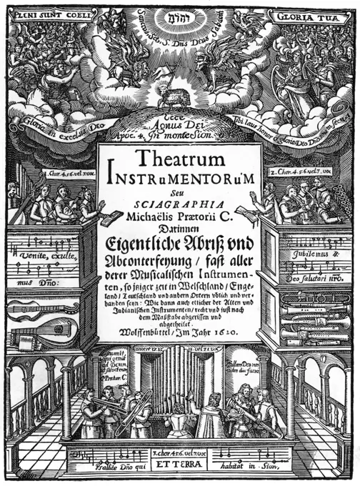 Title page of Syntagma Musicum(1620), by Michael Praetorius. Musicians on earth echo the heavenly music of angels and even King David, as they worship the lamb of God. The same decorative border can be seen on a copy of one of Praetorius' earlier work, Hymnodia Sionia, on picture number 10508934.     Date: 1620