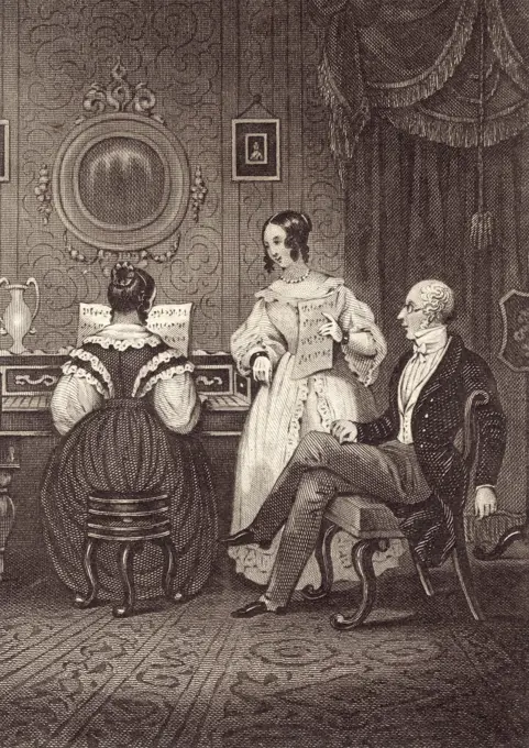 A family group gather round the piano to sing and play.     Date: C.1835