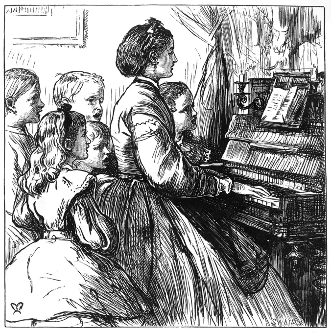 A mother and five children sing together round the piano, 1866.     Date: 1866