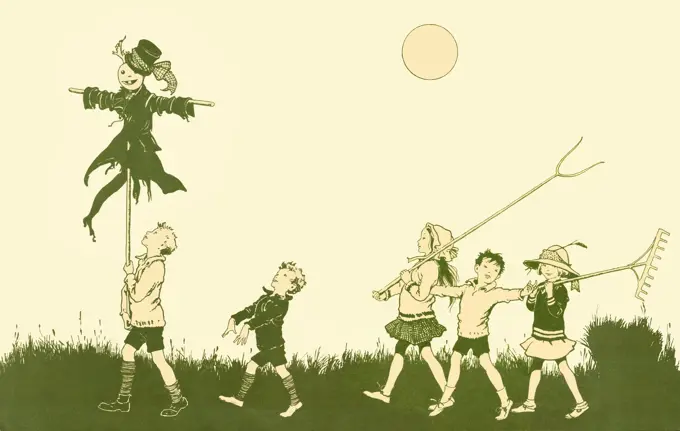 End paper design for Blackie's Children's Annual for 1922, showing five children with a guy hoisted on a stick, carrying a pitchfork and a rake, no doubt in preparation for Bonfire Night.      Date: 1922