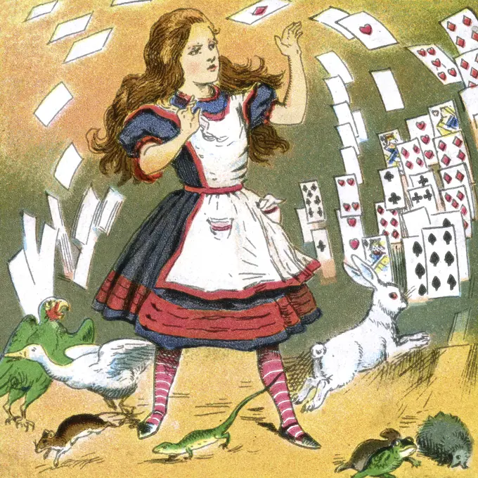 Alice in Wonderland, Alice and the pack of cards, as the courtroom scene disintegrates at the end of the story.      Date: early 20th century