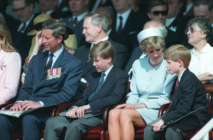 Prince Charles, Princess Diana, William and Harry attending the VE Day celebrations in Hyde Park, London.  10 May 1995