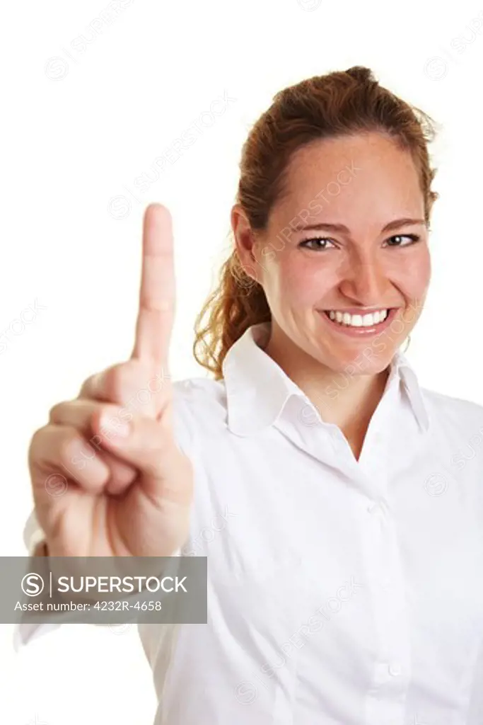 Happy business woman holding her index finger up