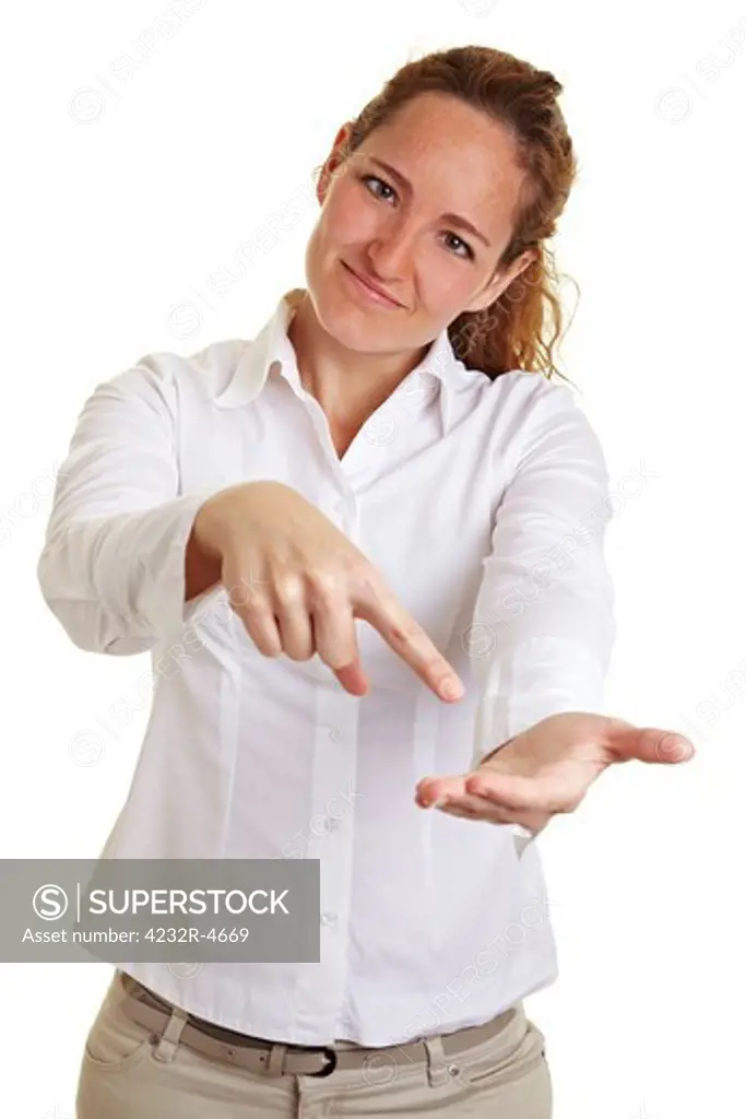 Business woman pointing with finger to her open palm of the hand