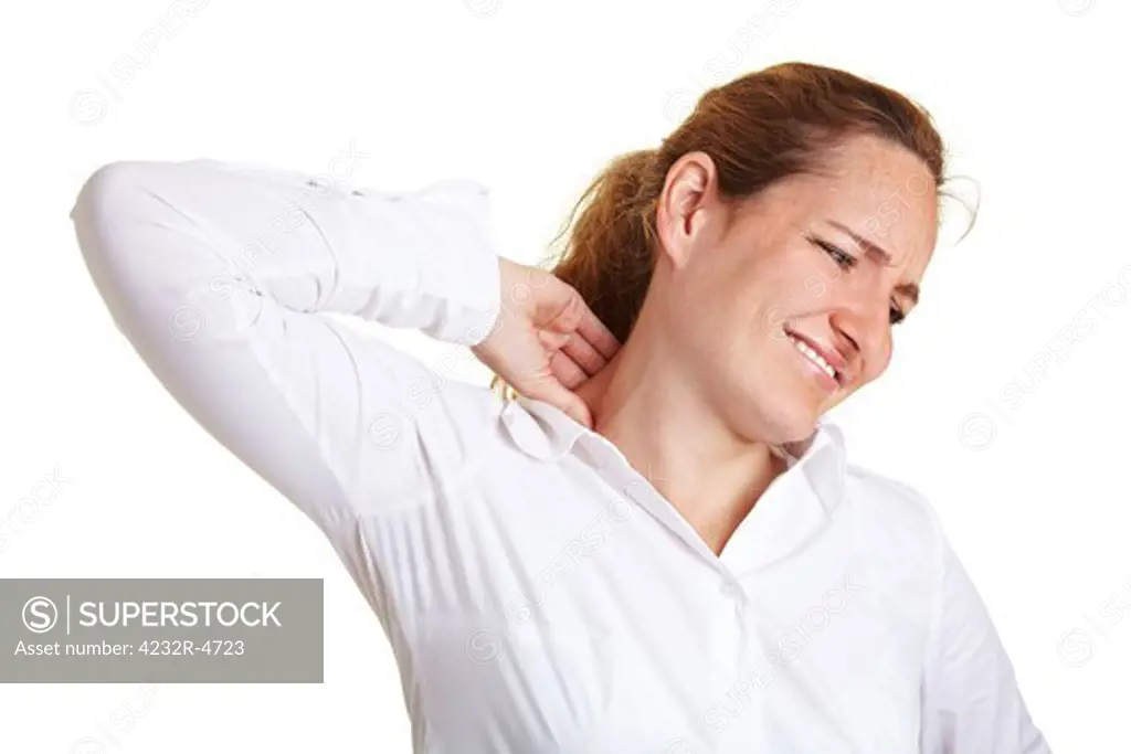 Young woman with pain massaging her neck