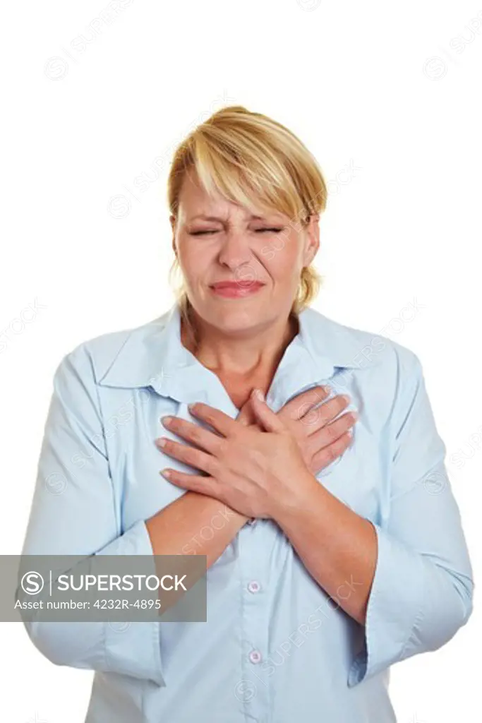Business woman having heart attack holding her chest