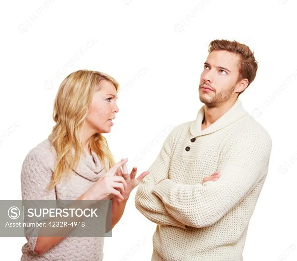Couple argueing in over a problem with angry woman and sulking man