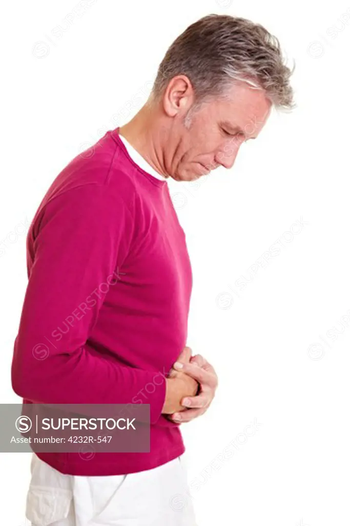 Man with bellyache holding his aching stomach