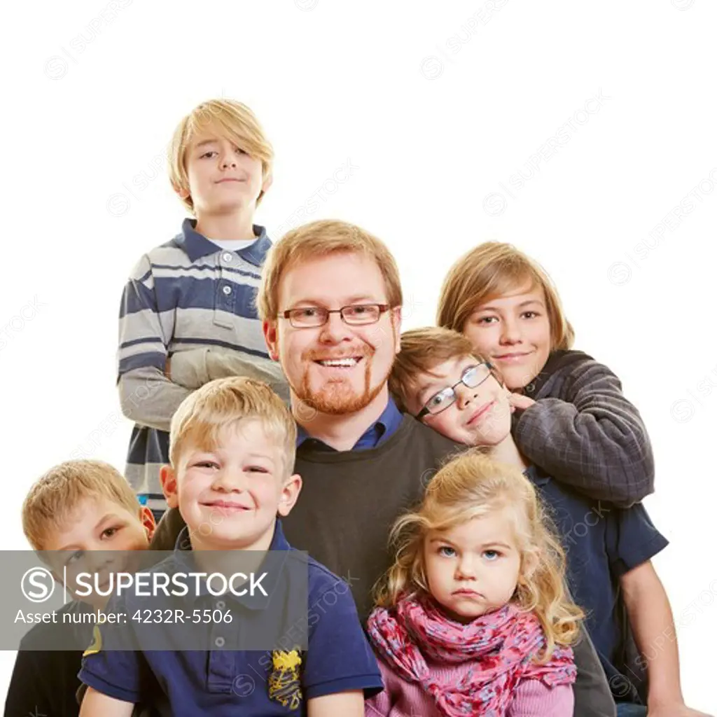 Portrait of a father with his six children