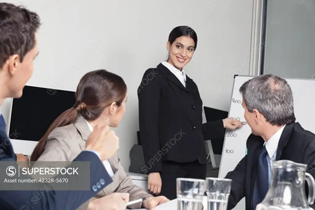Smiling business woman giving a sales presentation for her team in the office