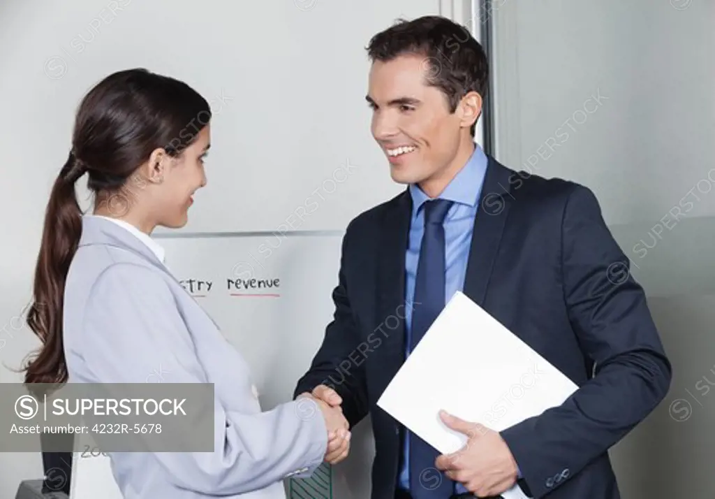 Business man and woman giving handshake in the office