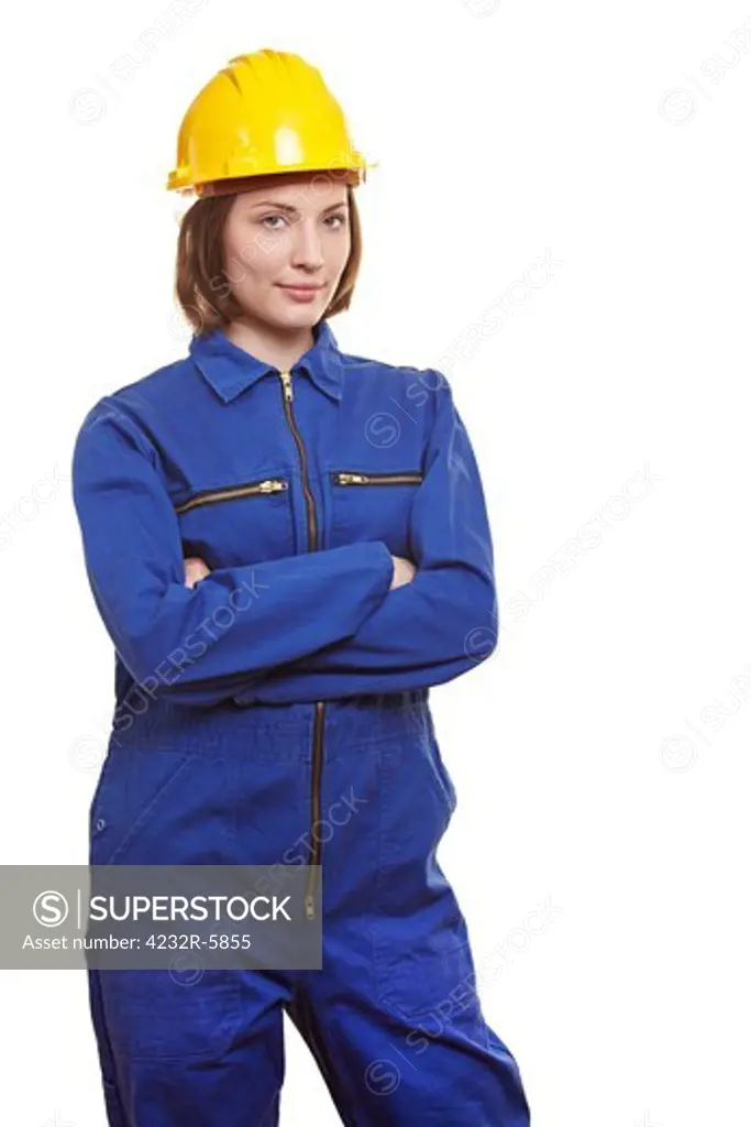 Female worker in blue overall and yellow safety helmet