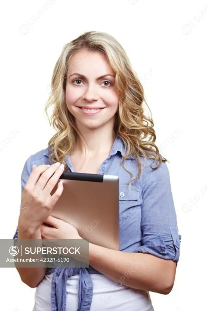 Smiling female student with her tablet computer