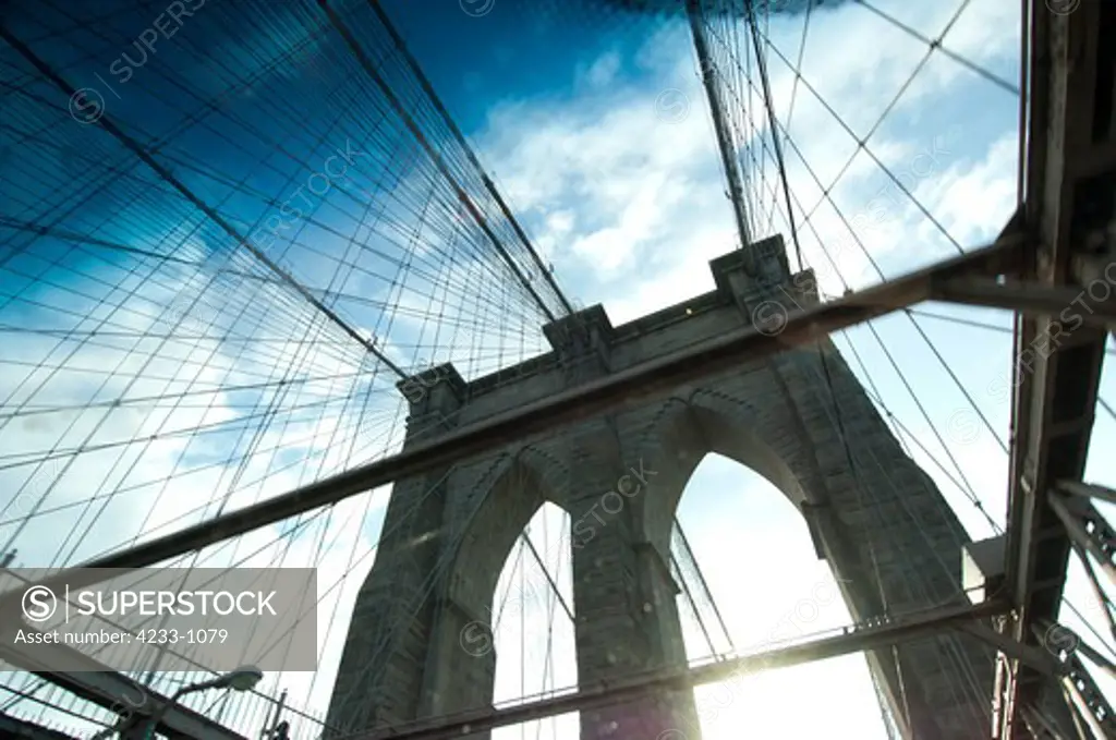 USA, New York State, New York City, Brooklyn bridge from sunroof of car
