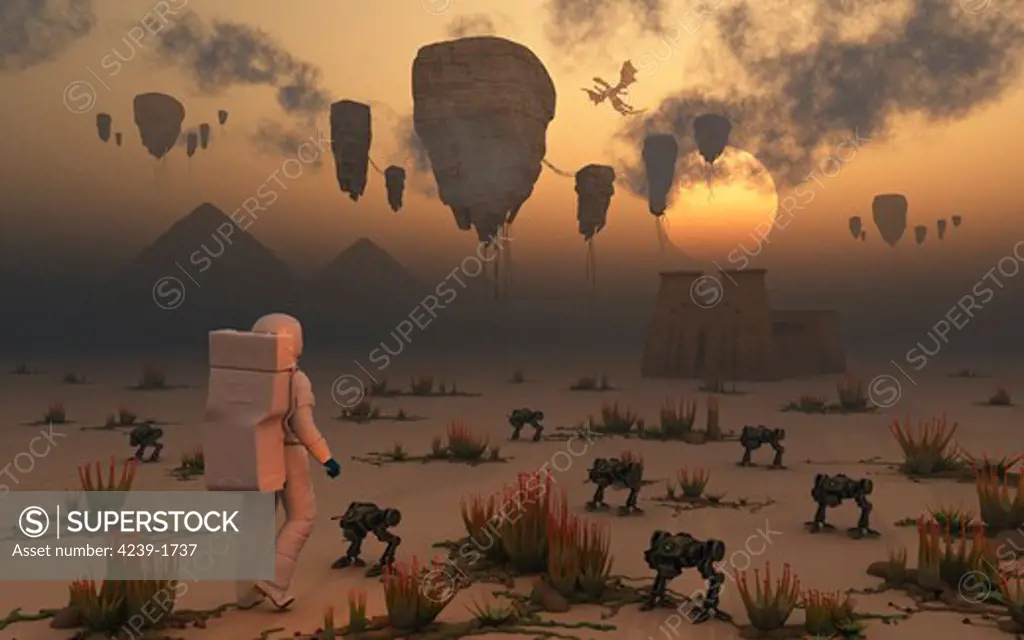 A lone astronaut confronts a surreal scene out of ancient Egypt, with ancient pyramids and a temple. Floating islands and dragon type creatures fill the skies as robotic droids walk through the desert sands.