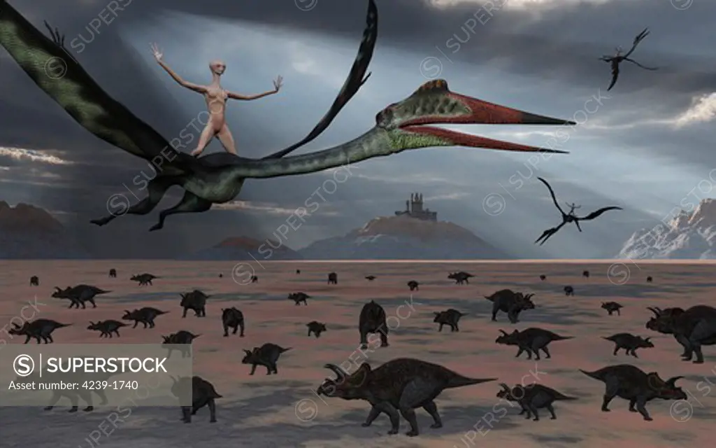 Using their telepathic link to communicate, female reptoid beings ride on the backs of the gigantic Quetzalcoatlus pterosaur.
