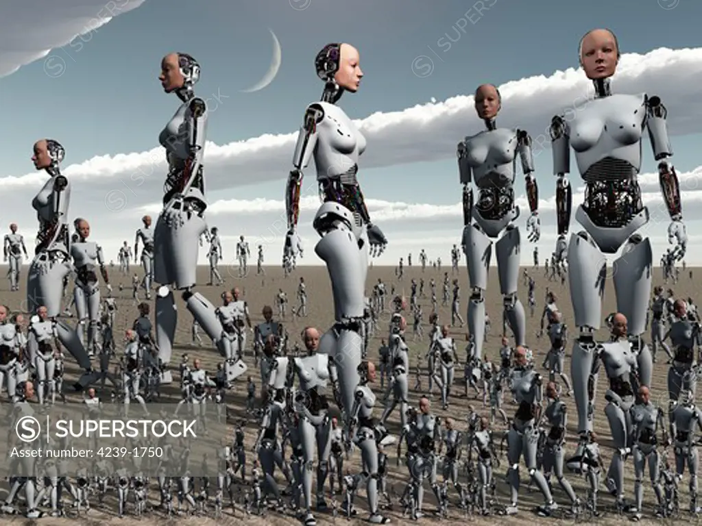 Artist's concept of an abundance of old androids with artificial intelligence who have been sent to a place in hopes they will go away.