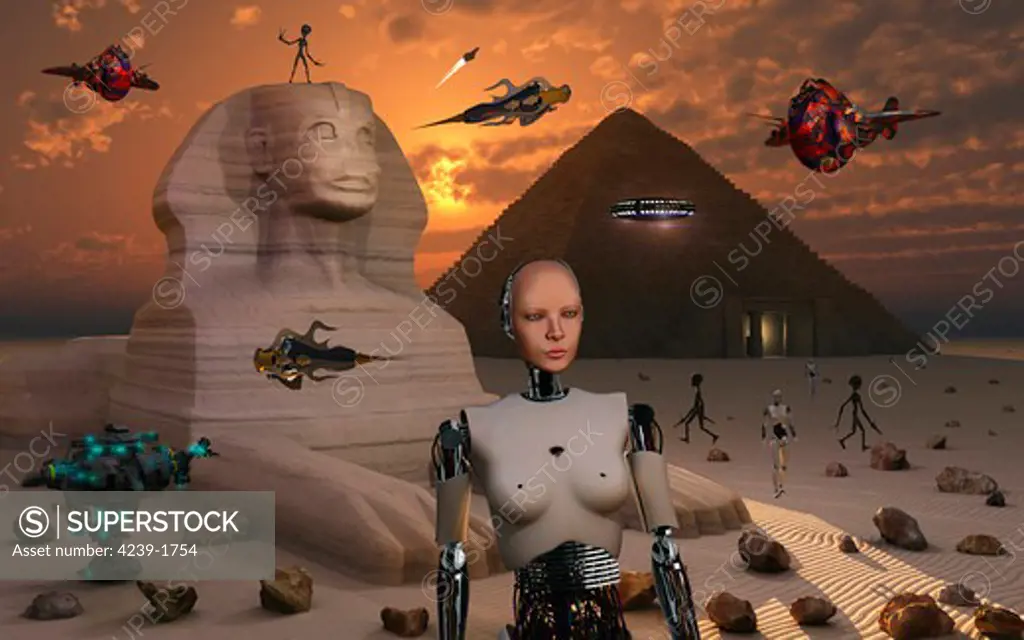 Artist's concept of the pyramids and sphinx being built by an advanced alien race who used robots and other machines to aid in their construction.