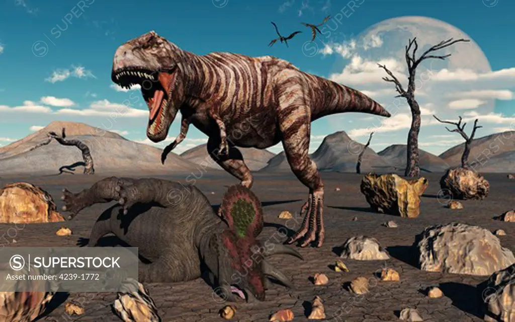 T. Rex, the king of prehistoric killers, is about to make a meal of a dead Triceratops, while Quetzalcoatlus pterosaurs watch the event from the sky above.