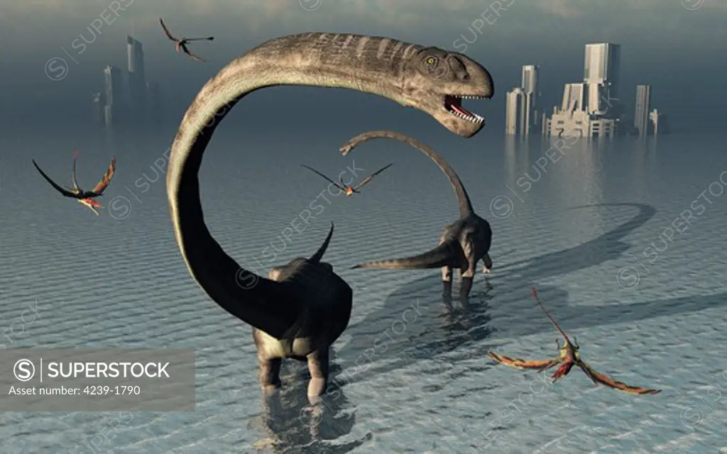 Omeisaurus sauropod dinosaurs cooling off in the Jurassic waters of what is now China.