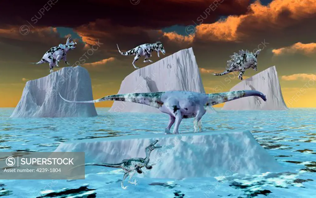 A surreal fantasy concept image depicting dinosaurs frozen in ice during an imaginary prehistoric ice age.