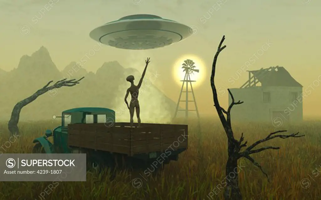 Artist's concept of alien exploreres looking around a remote, abandoned farm.
