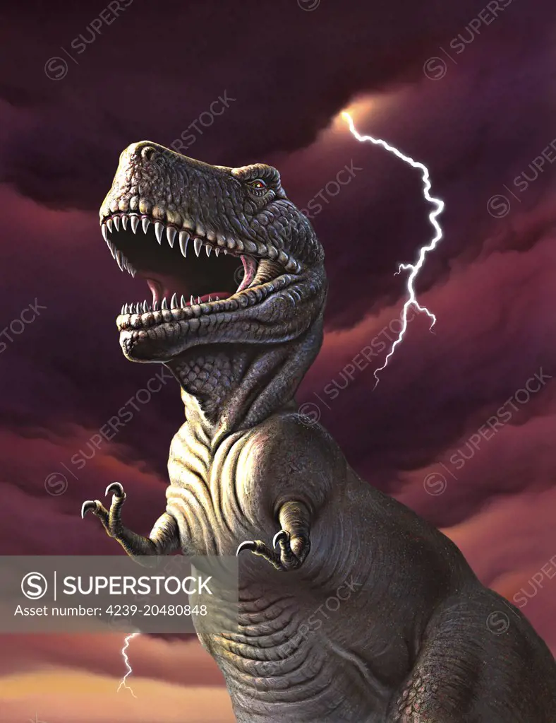 A Tyrannosaurus Rex with a red stormy sky and lightning behind it.