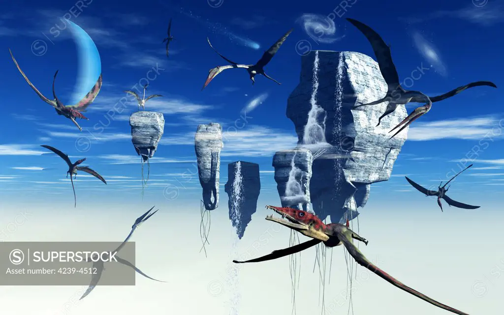 Prehistoric Eudimorphodon and Quetzalcoatlus pterosaurs flying amongst surreal skies.
