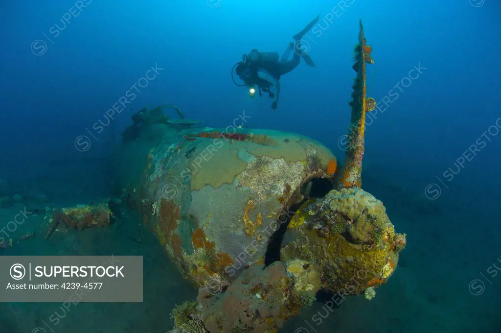 Diver explores the wreck of a Mitsubishi Zero fighter plane, Kimbe Bay, Papua New Guinea.
