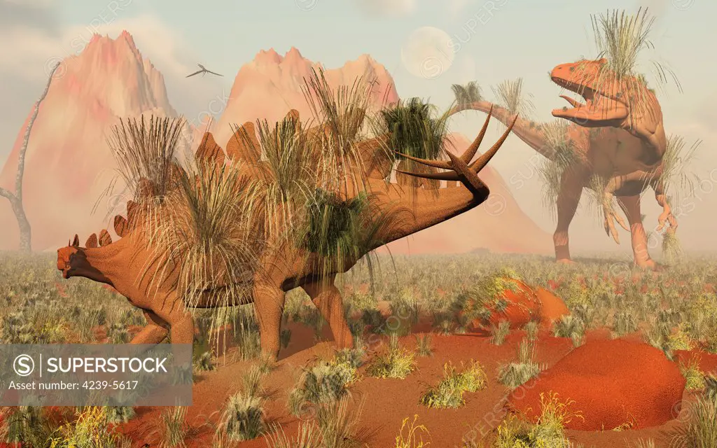 Living fossils of a Stegosaurus and an Allosaurus come face to face, resulting in what looks like a fossilized confrontation.