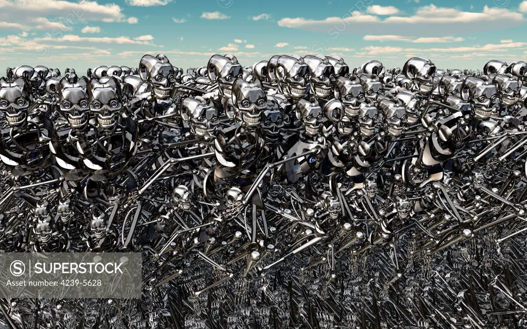 A large gathering of robots about to run wild and free.