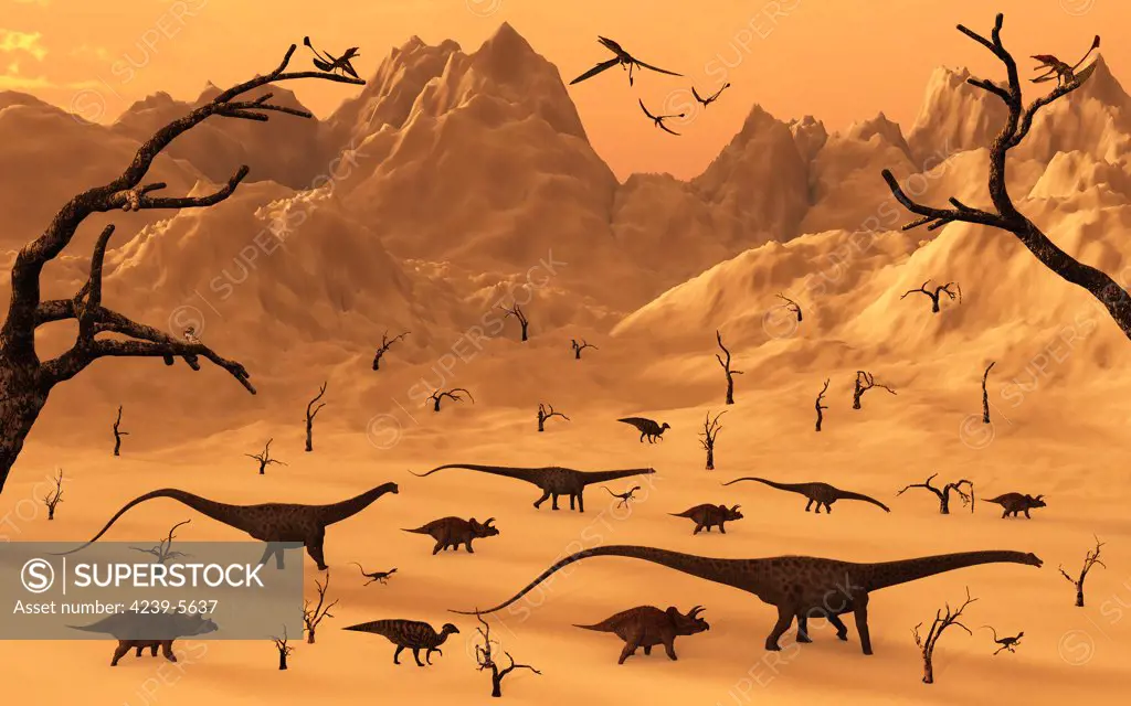 A mixed herd of dinosaurs including sauropods, Triceratopians, and duckbill dinosaurs, travel together as they migrate to greener pastures.