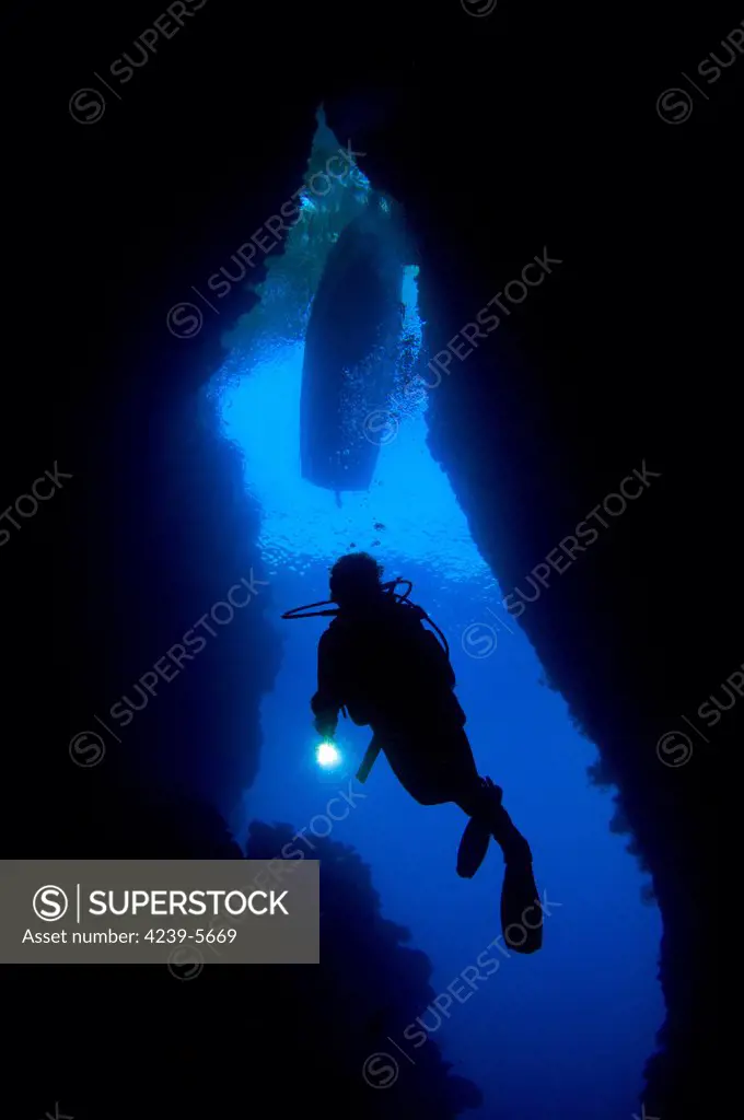 A diver explores the underwater cavern known as the Bat Cave, Russell Islands, Solomons.