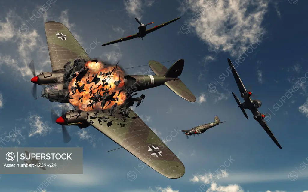 Artist's concept illustrating British Hawker Hurricane fighter planes attacking German Heinkel He 111 bombers