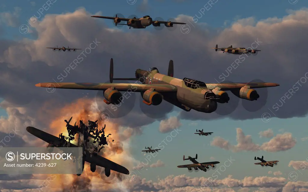 Avro Lancaster heavy bombers of the Royal Air Force bomber command bomb their targets in Nazi occupied Europe